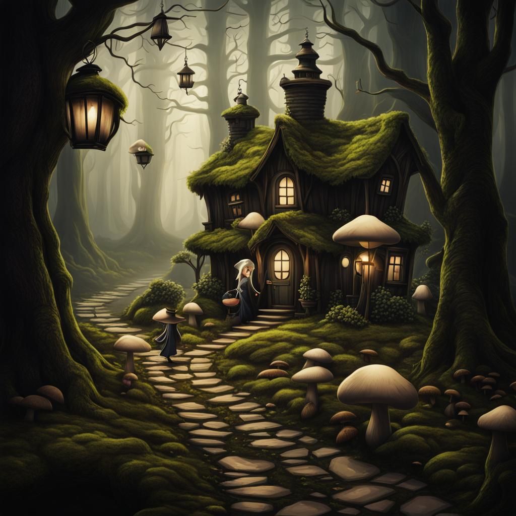 Whimsical Witch's Cottage in Tim Burton Style