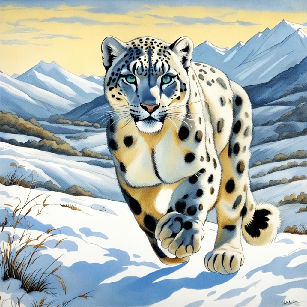 Snow Leopard Running in Snowy Field: Comic Book Style
