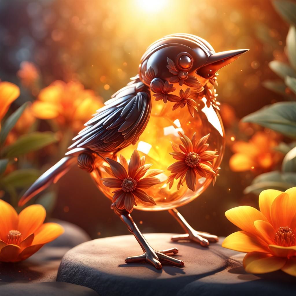 Crystal Bird with Jamaican Flowers, Detailed Matte Painting
