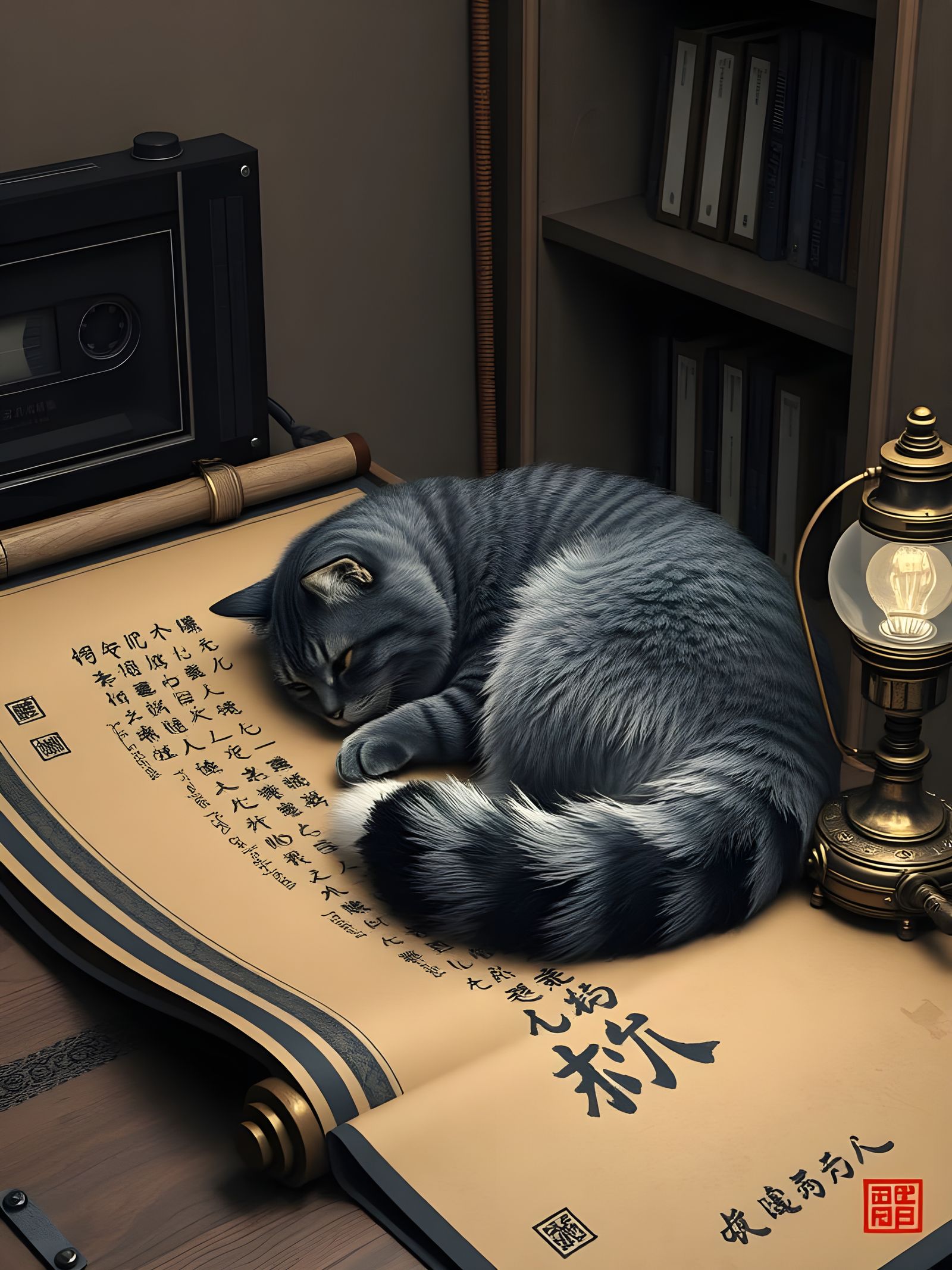 Steampunk Robot Poet and Cat in Ukiyo-e Style