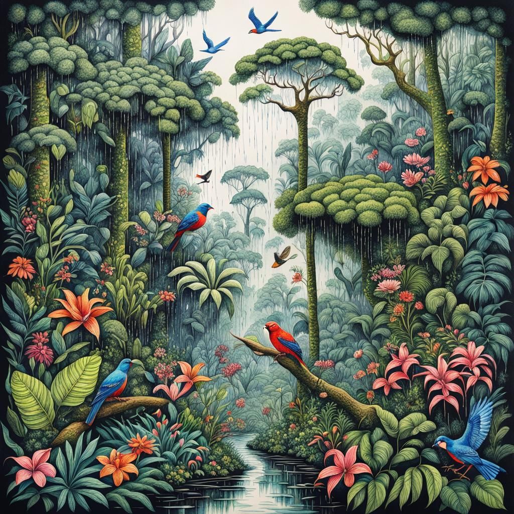 Lush Amazon Rainforest in Detailed Ink Drawing