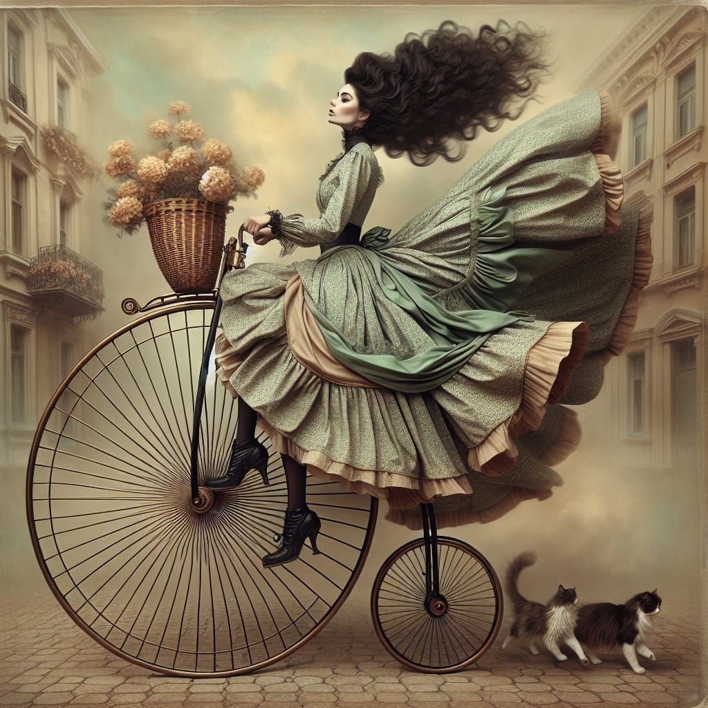 Victorian Woman on Penny-Farthing Bicycle, Surreal Oil Paint...