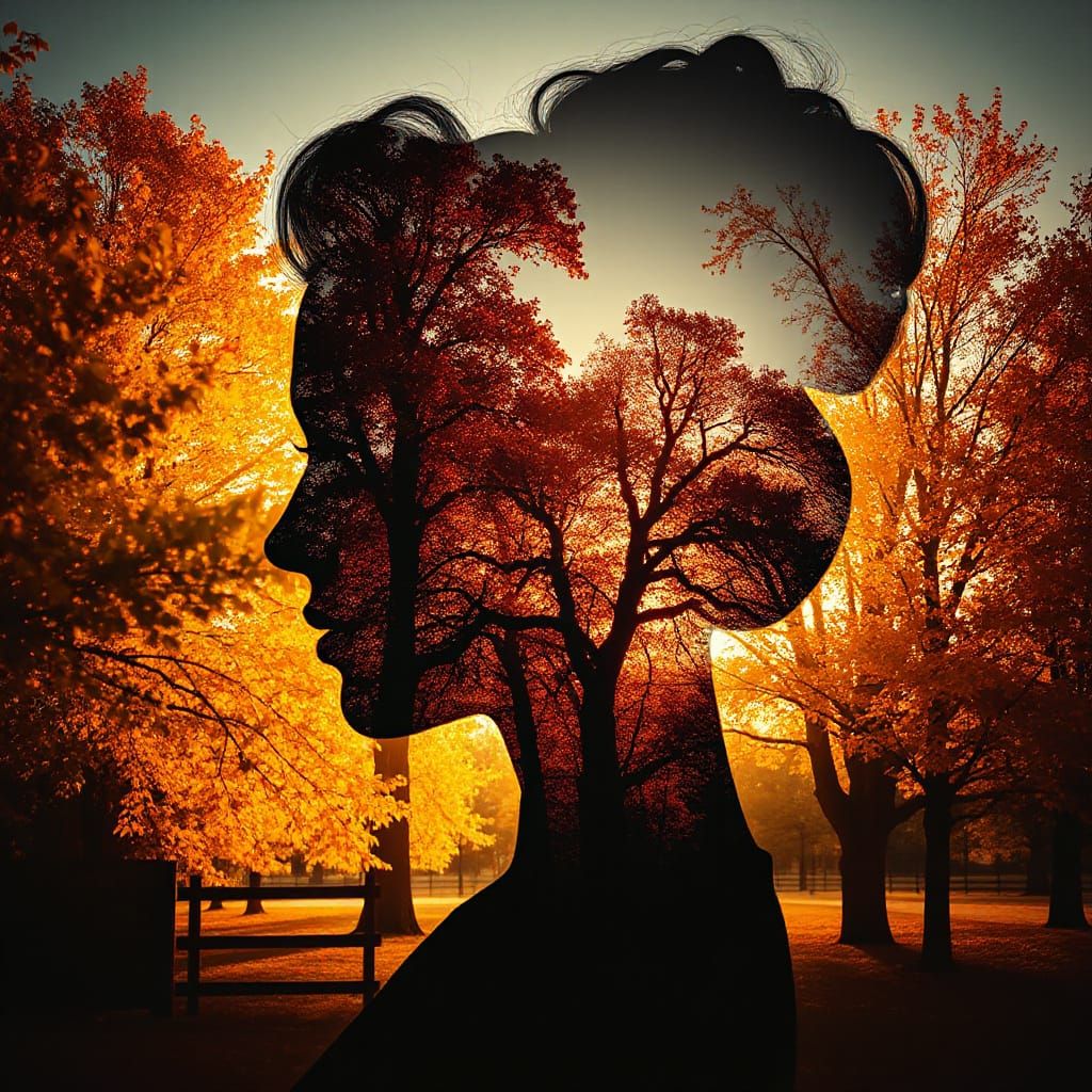 Woman Silhouette Filled with Autumn Park Scene Artwork