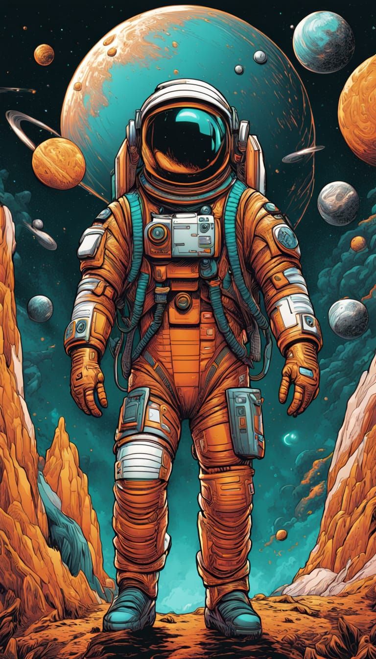 Cosmic Comic Art in Vibrant Orange and Teal
