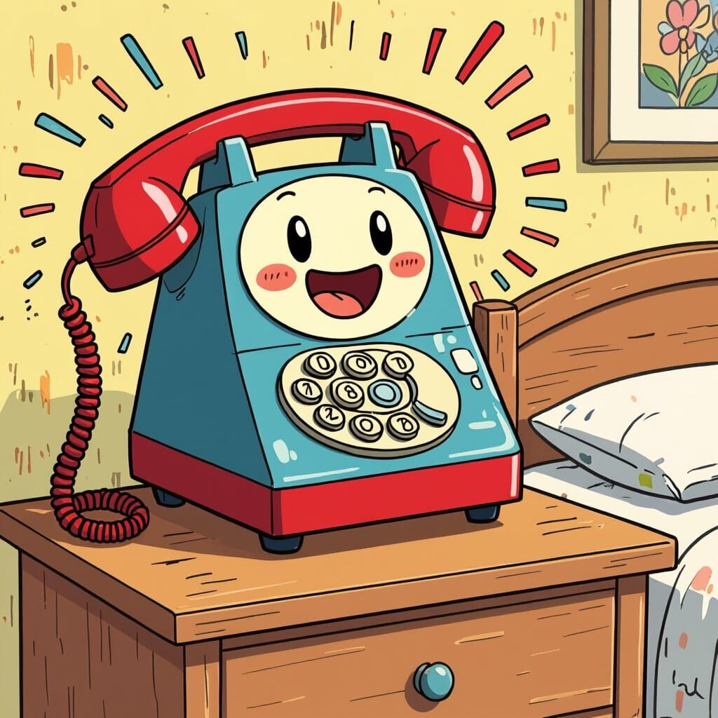 Cartoon Telephone with Face Jumping on Bedside Table