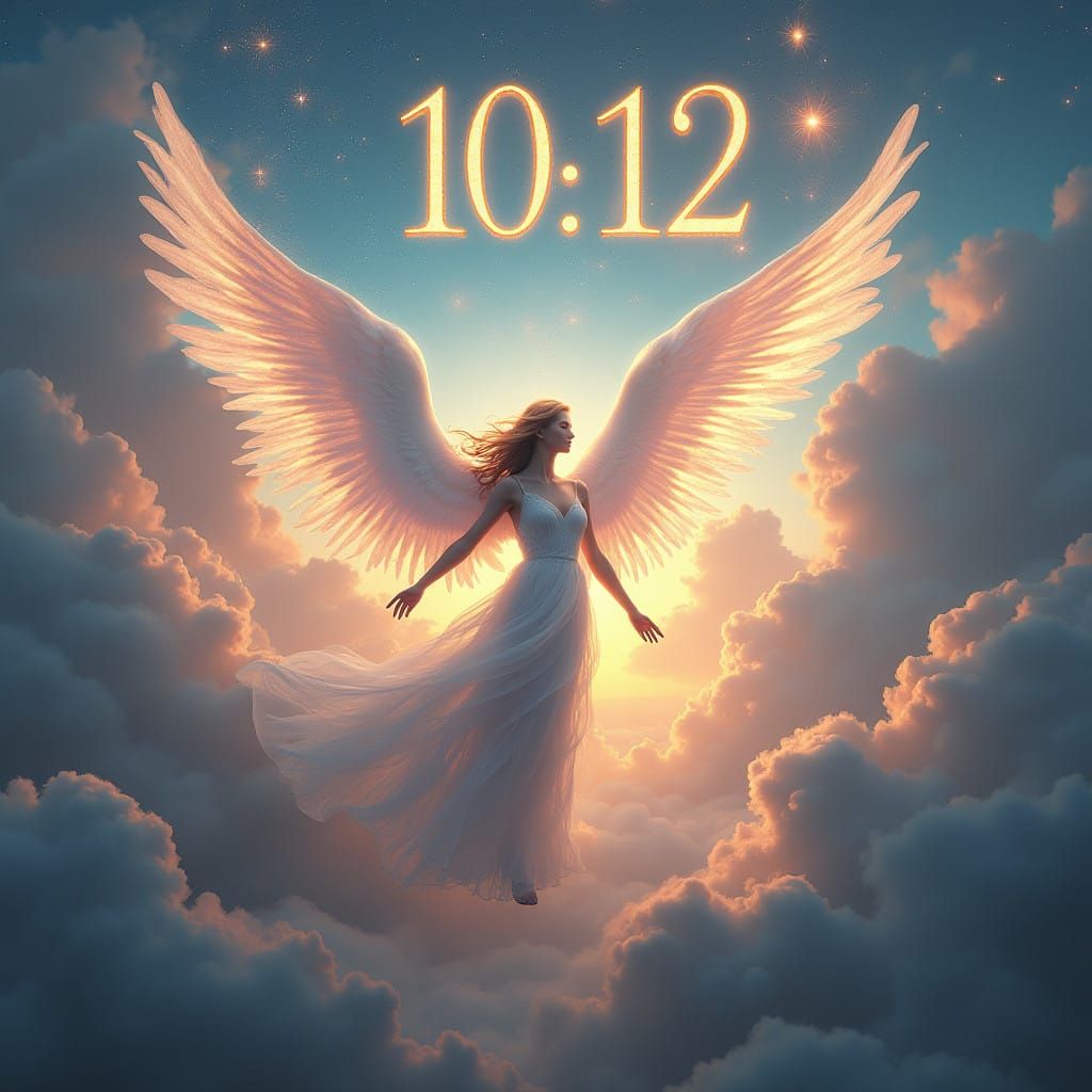 Ethereal Guardian Angel in Celestial Clouds, 10:10, 12:12, 5...