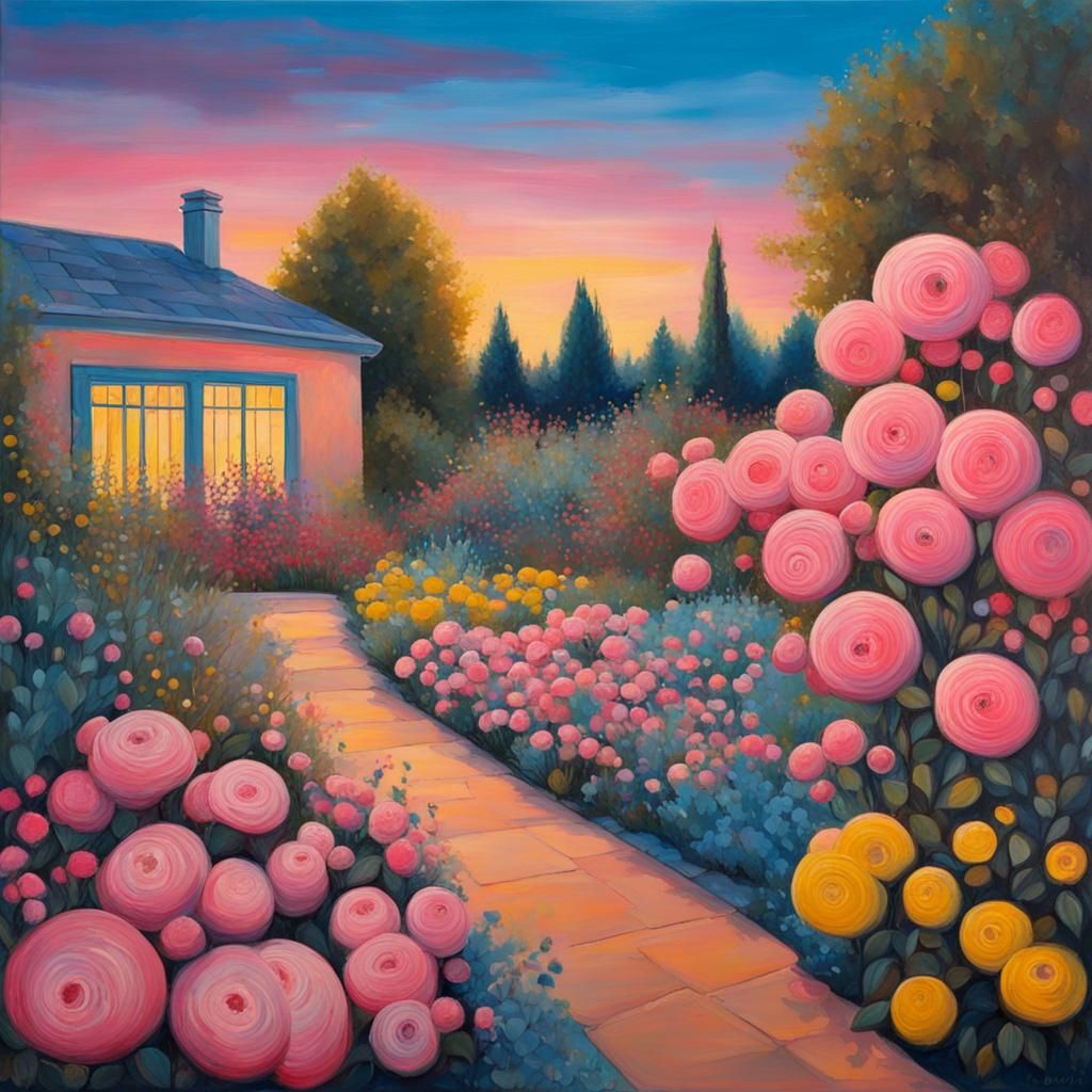Colorful Evening Garden Painting with Bright Sky