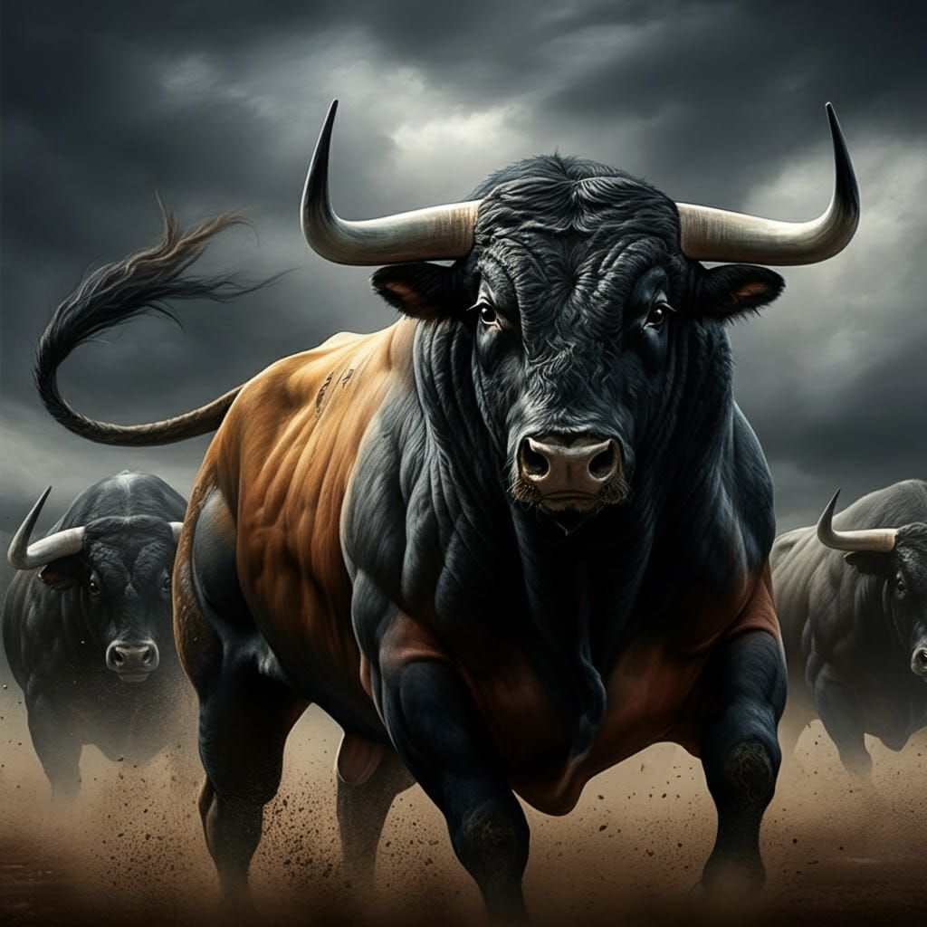 Raging Bull Charge in Dramatic Lighting