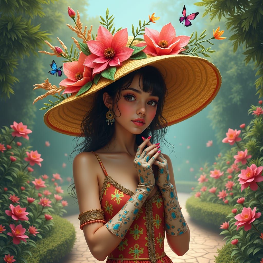 Girl in Colorful Hat in a Fantasy Garden