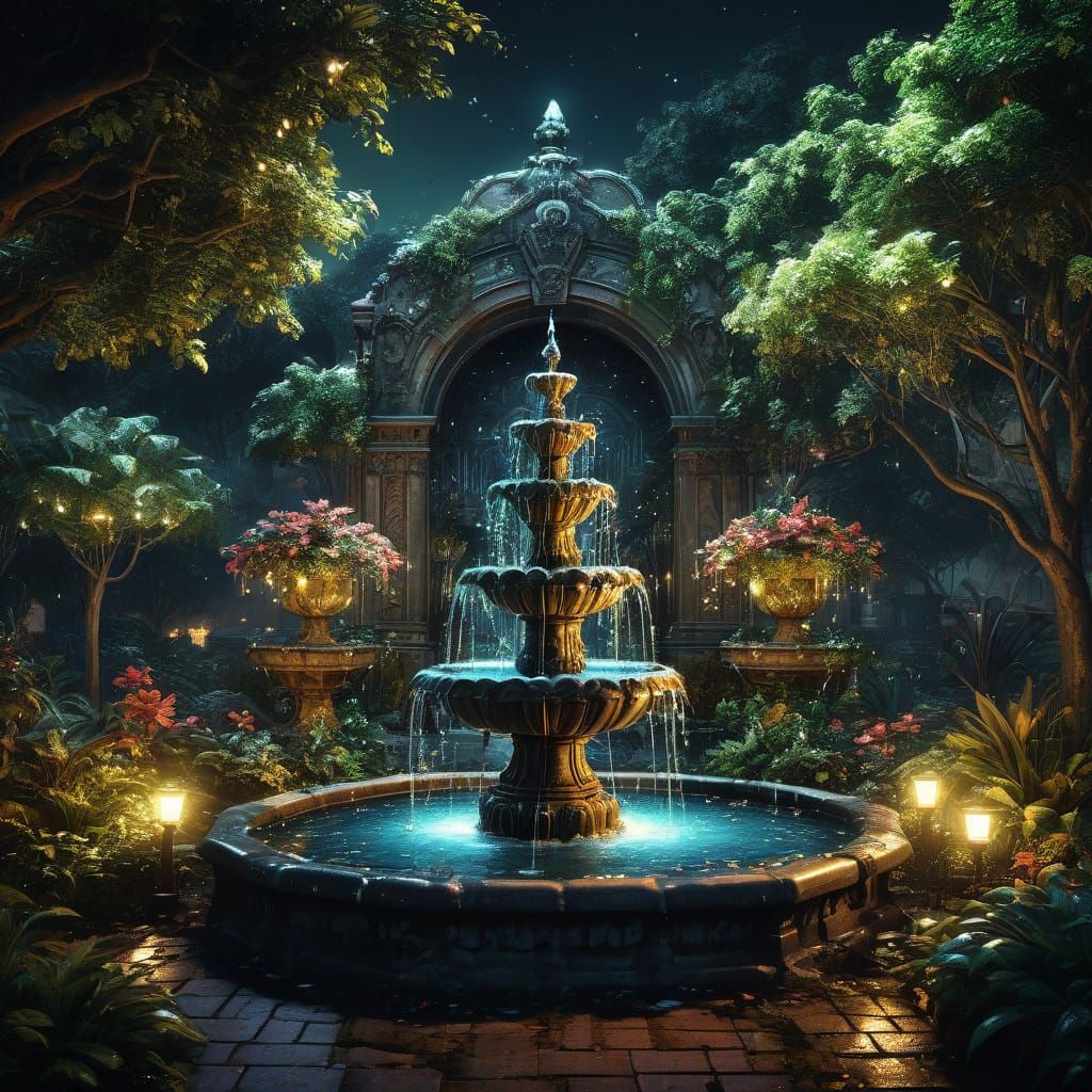 Enchanted Garden Fountain at Night in Graffiti Art Style