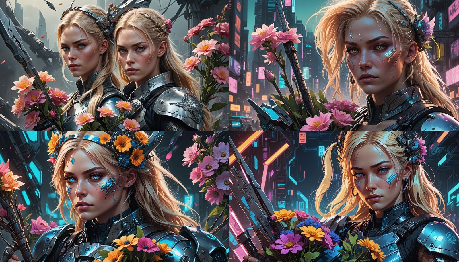 Cyborg Woman with Flowers and Viking Axe