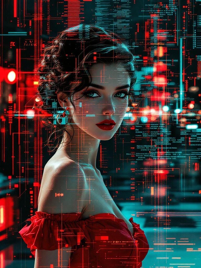 Glitch Photo of Pin-Up Woman in Impressionist Style