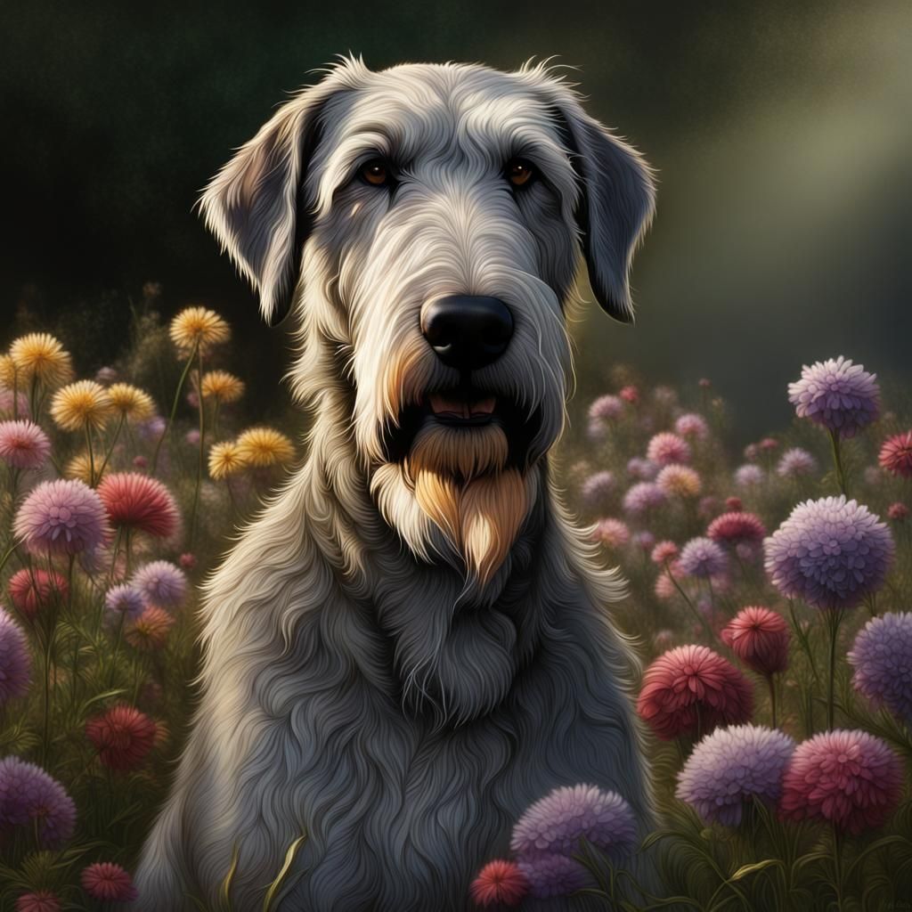 Hyperrealistic Irish Wolfhound with Early Morning Flowers