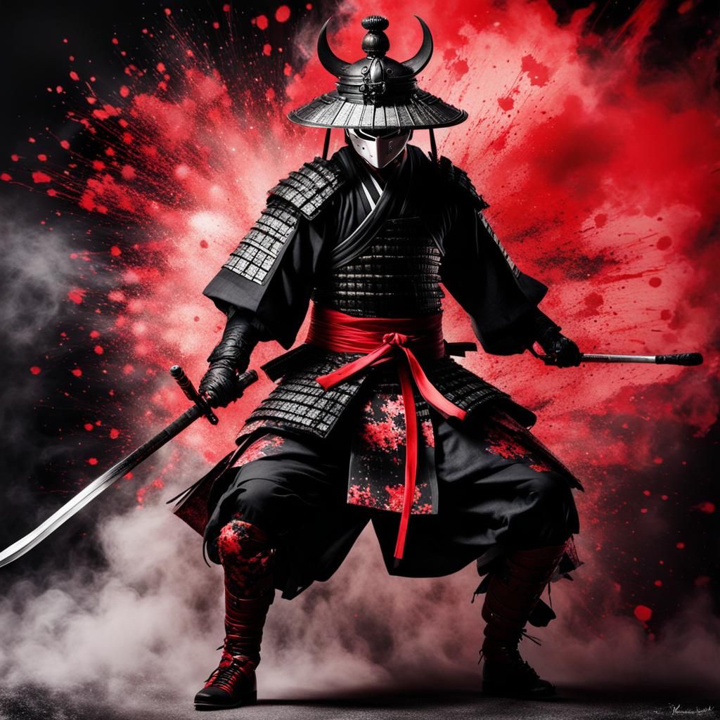 Oriental Samurai in Splatter Art Combat Scene