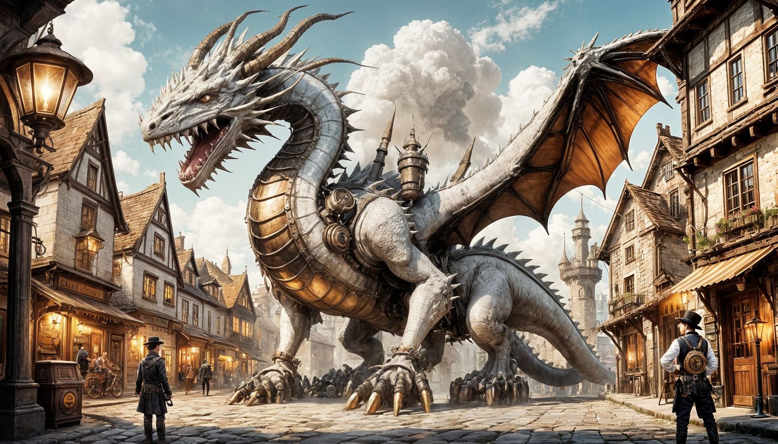 Victorian Era Steampunk Scene with Boy and Majestic White Dr...