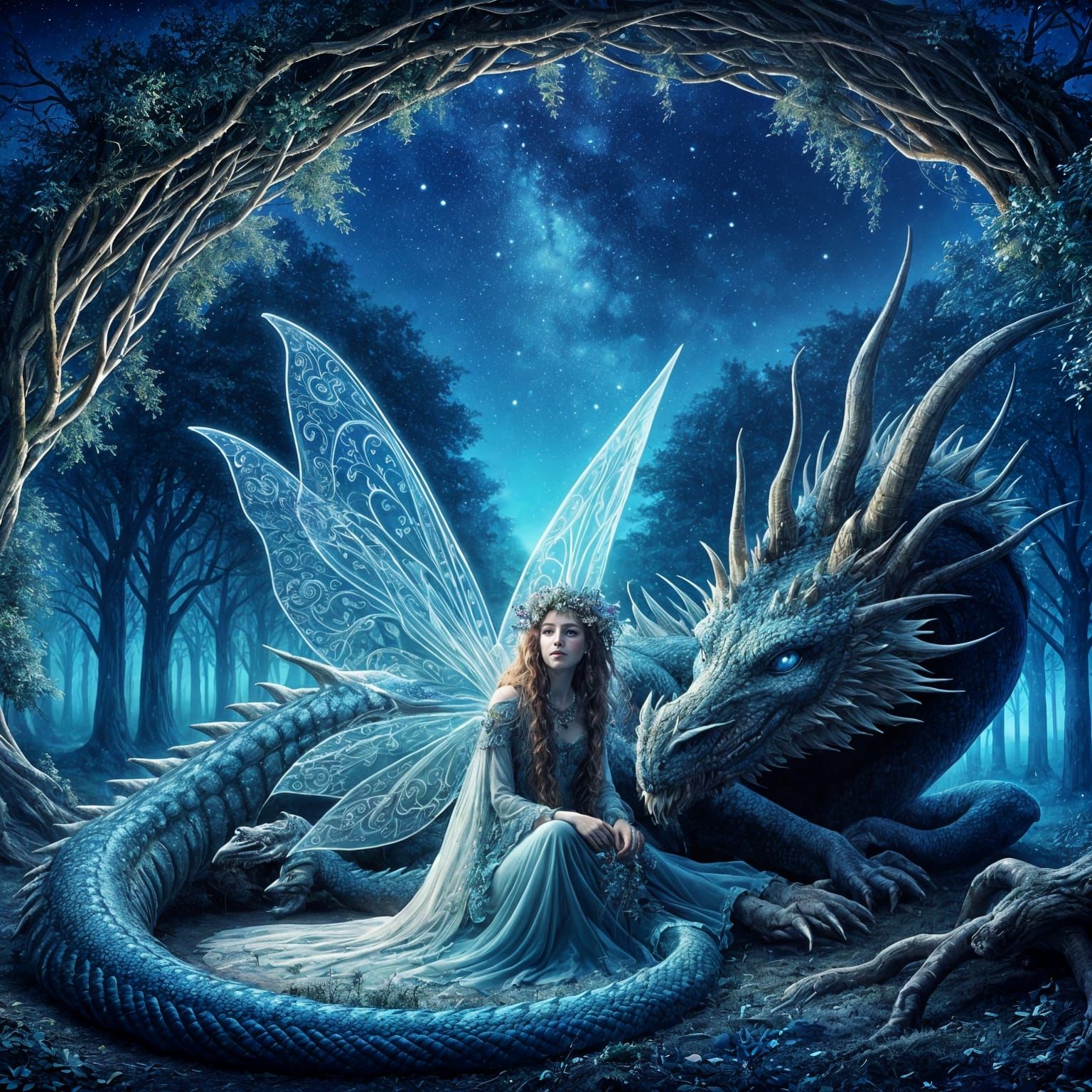 Ethereal Woodland Fairy and Majestic Dragon in a Mystical Re...