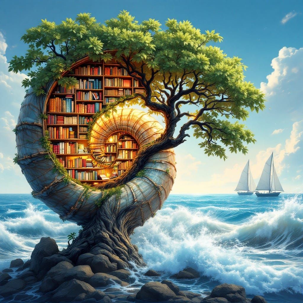 Seashell Library and Tree Bookshelf by the Sea