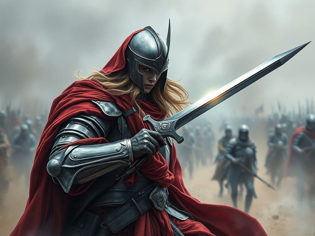 Steel Maiden in Red Velvet Armor Leads the Charge