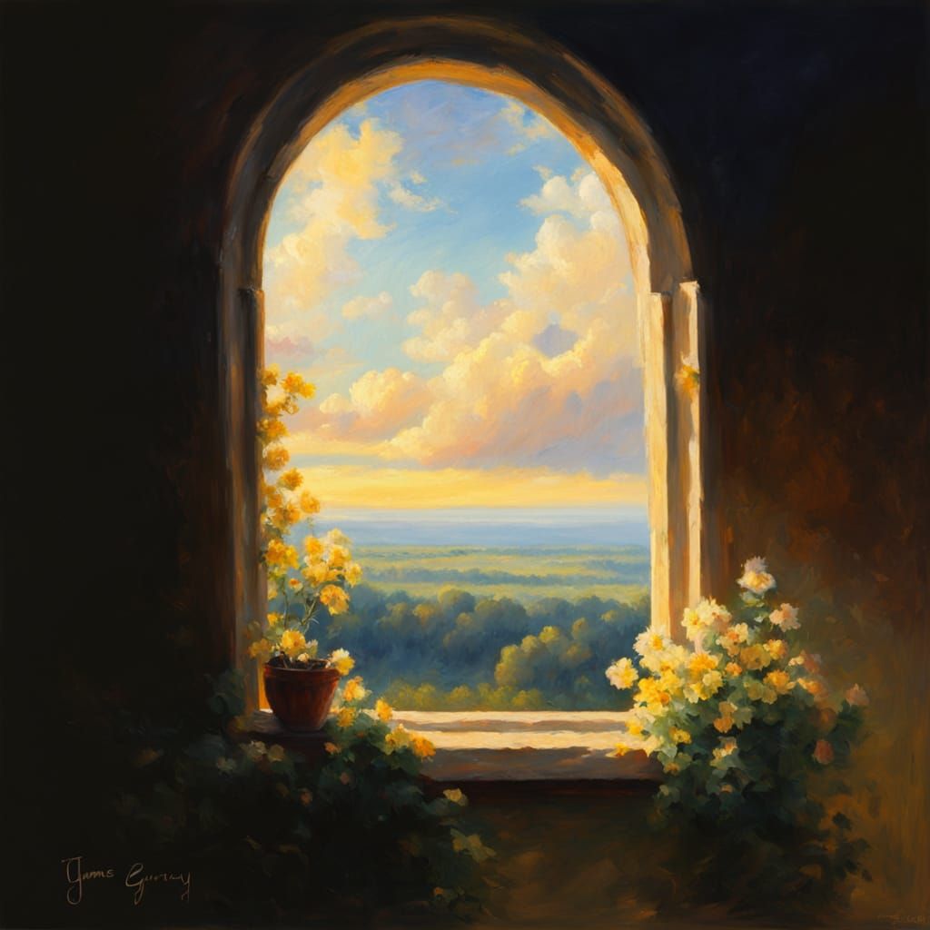 Impressionist Oil Painting of Window with Heavenly Light