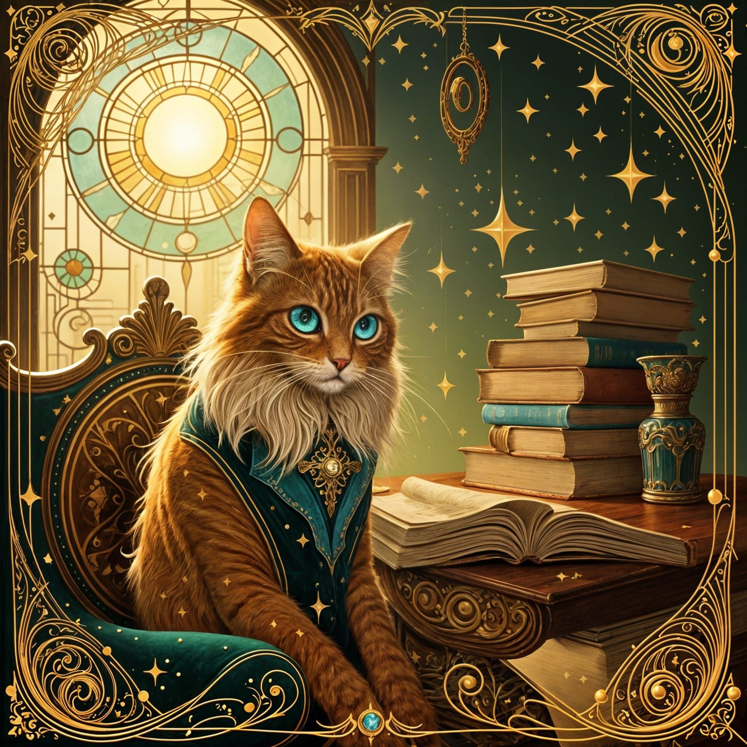 Art Nouveau Cat Scholar in Victorian Study