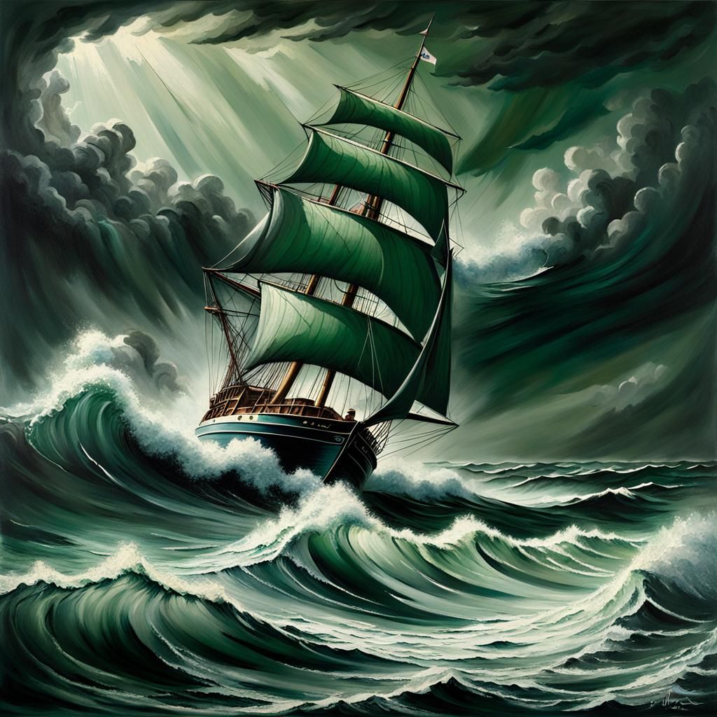 Sailboat in Storm: A Dramatic Chiaroscuro Painting