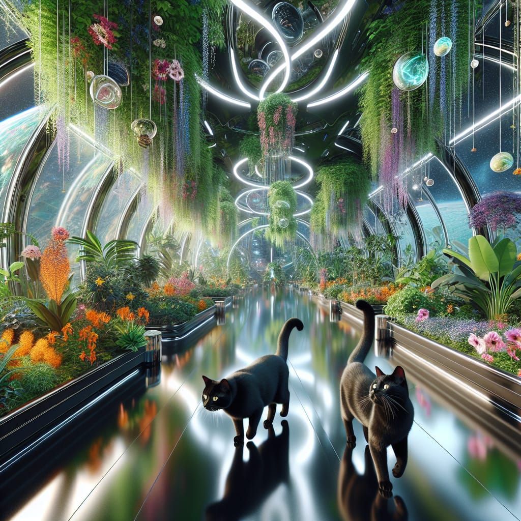 Black Cats Explore Futuristic Space Station Arboretum
