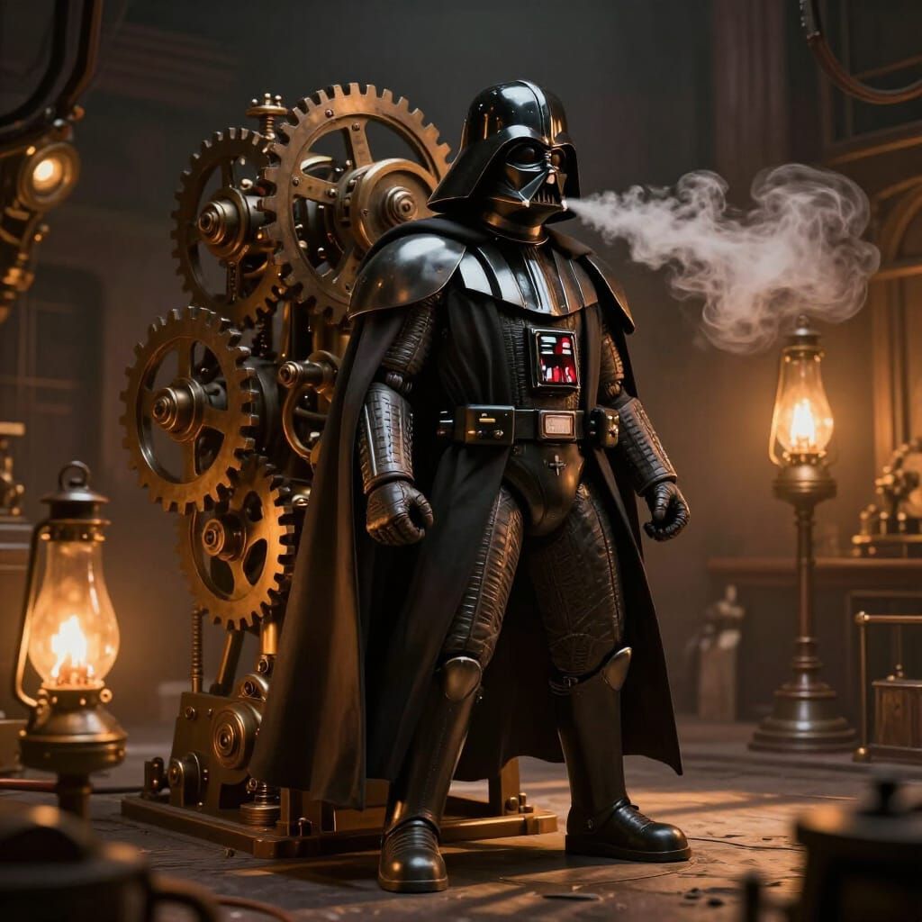 Steampunk Robot Dons Darth Vader Costume in Dramatic Lightin...