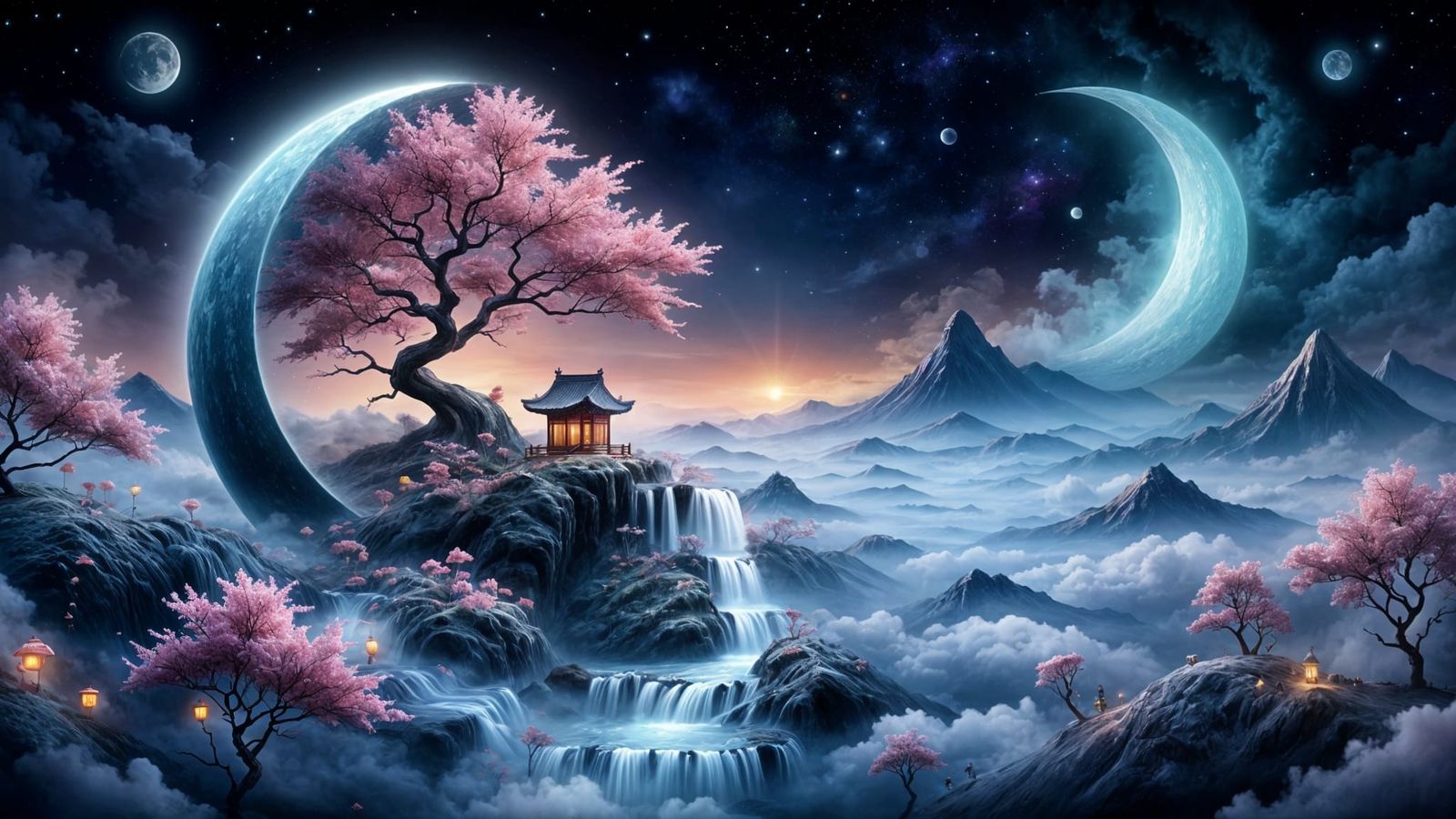 Surreal Cosmic Village Inside a Glowing Moon