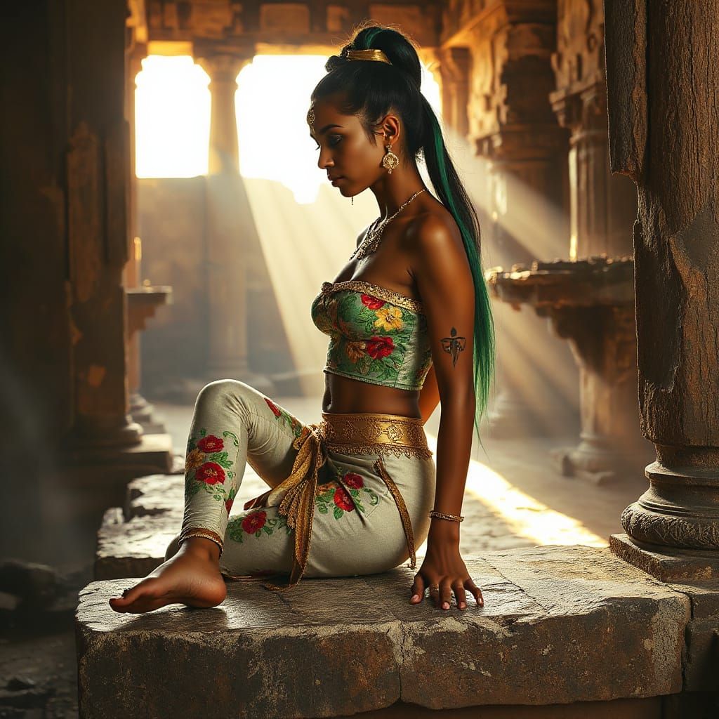 Contemplative Indian Woman in Ruined Temple