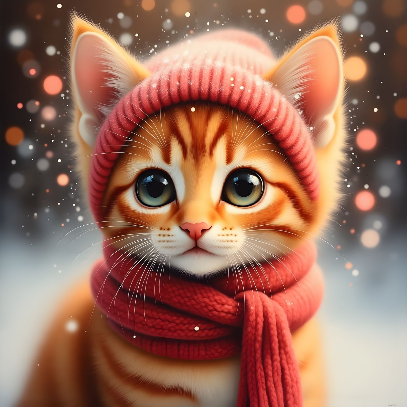 Adorable Kitten in Hat and Scarf, Realistic Candy Cane Strip...