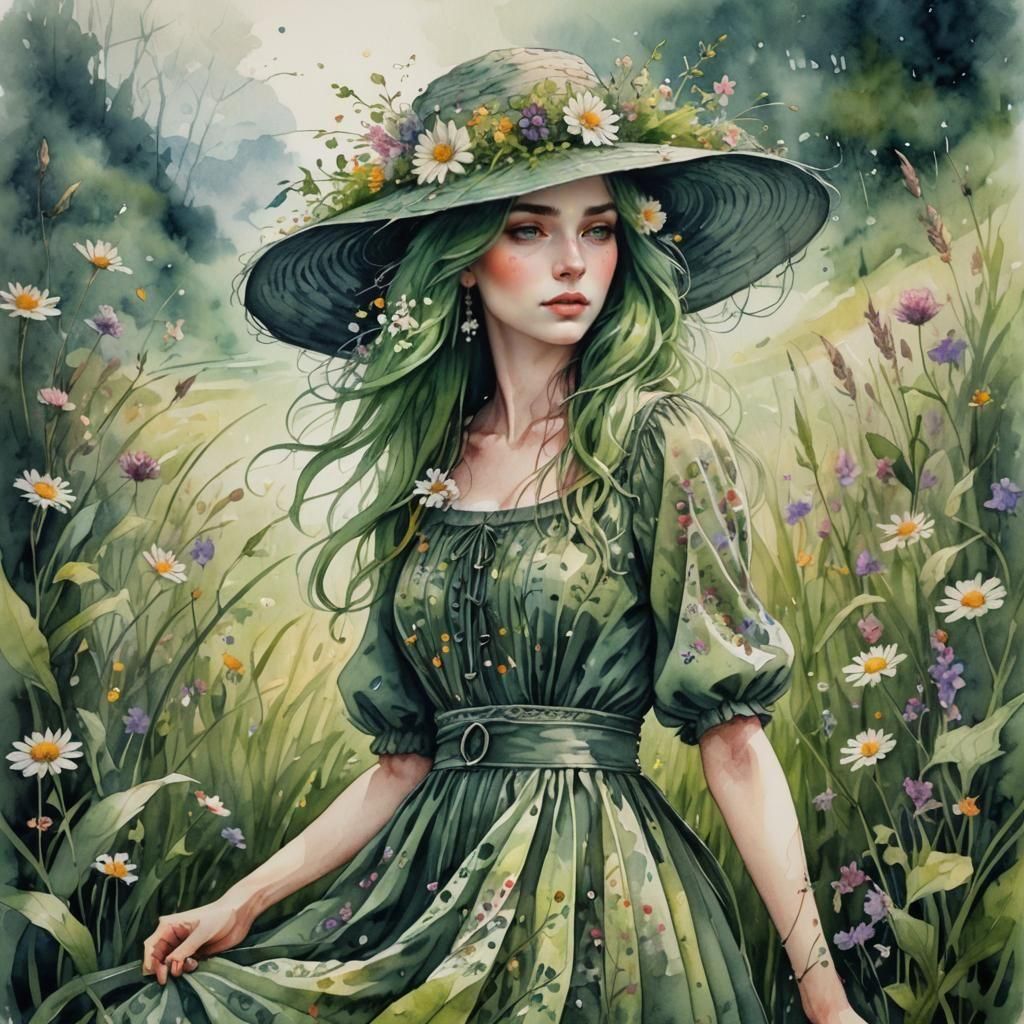 Woman in Floral Hat: Impressionist Dark Fantasy Sketch