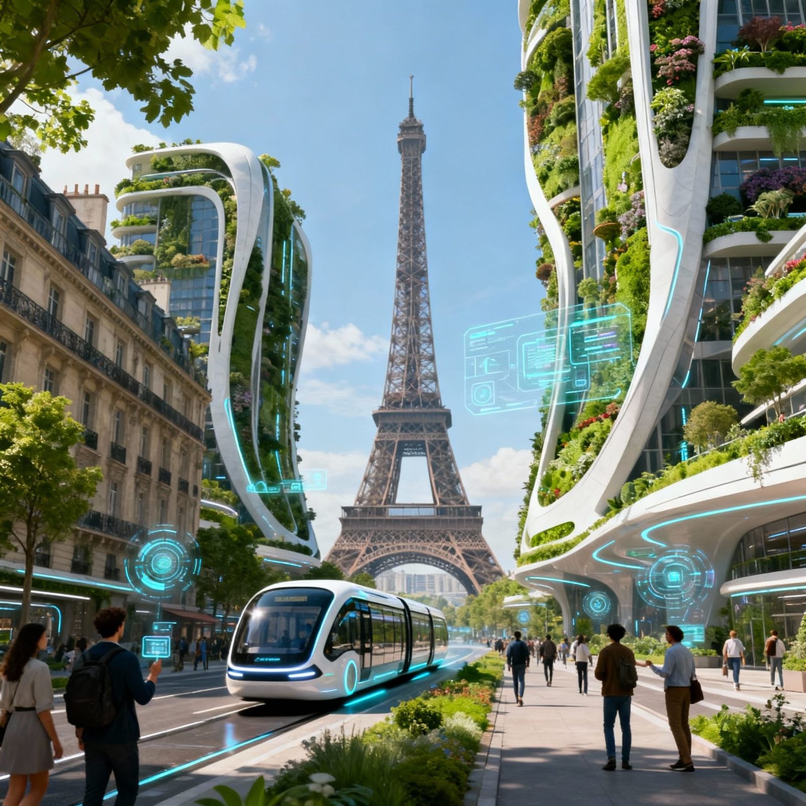 A photorealistic street scene in Paris 2100 it still has the...