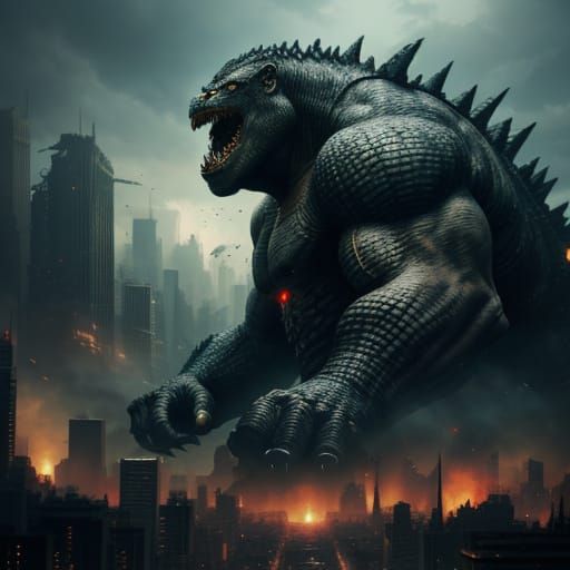 Colossal Godzilla King Kong Hybrid in Ruined City