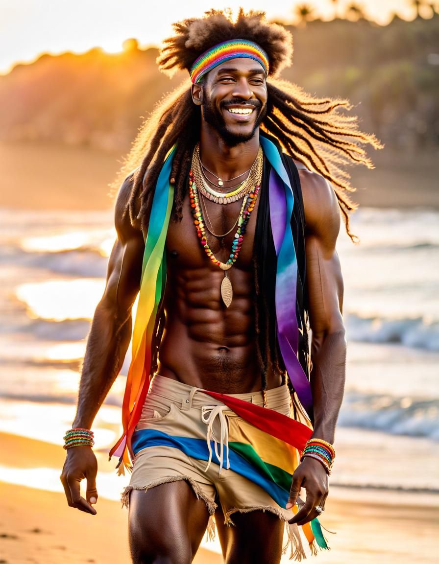 Rainbow Hippie Man Walking on Beach at Sunrise