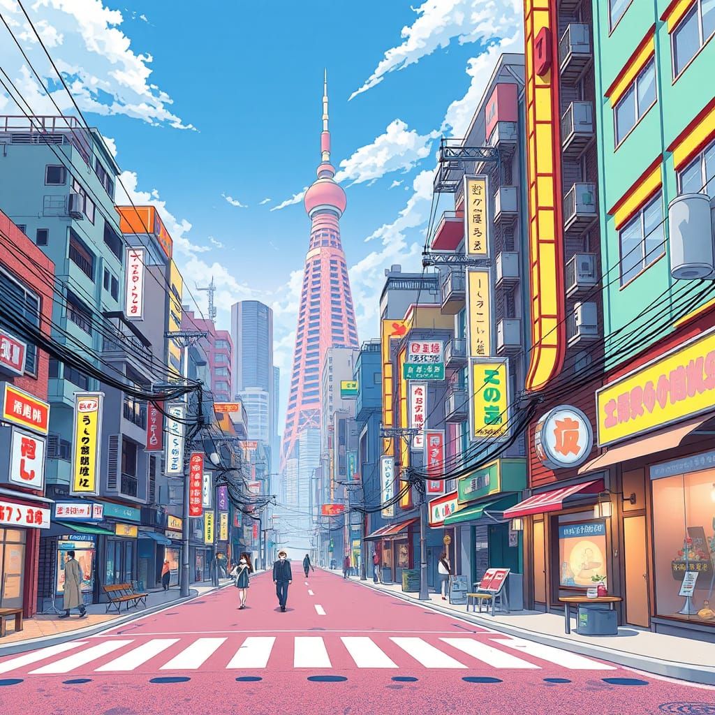 Lively Anime Cityscape with Pastel Colors