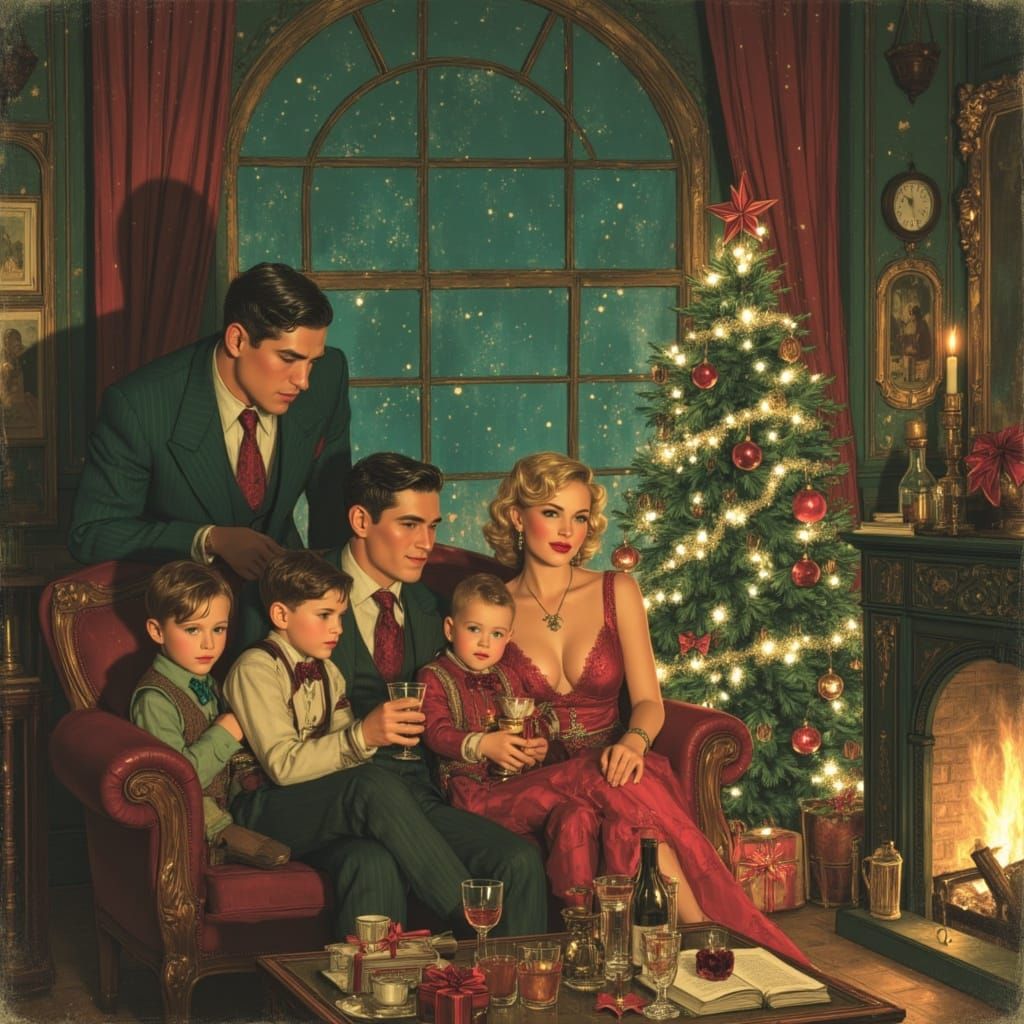 Cozy Christmas 1950s Movie Poster Illustration