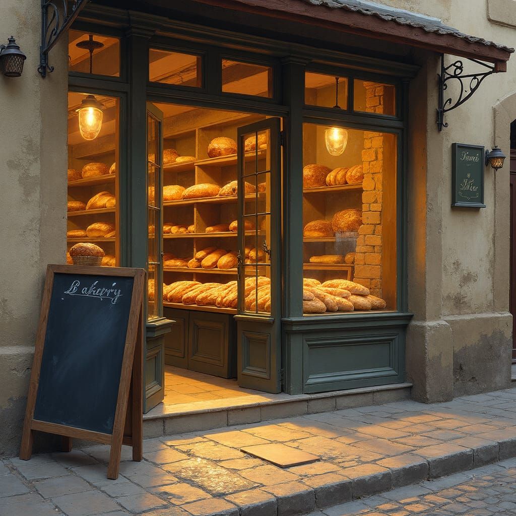 Rustic Bakery at Dawn in Painterly Realism Style