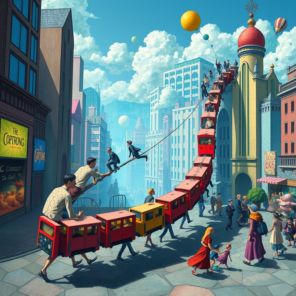 Surreal Train of Humans Walks through Vibrant Cityscape