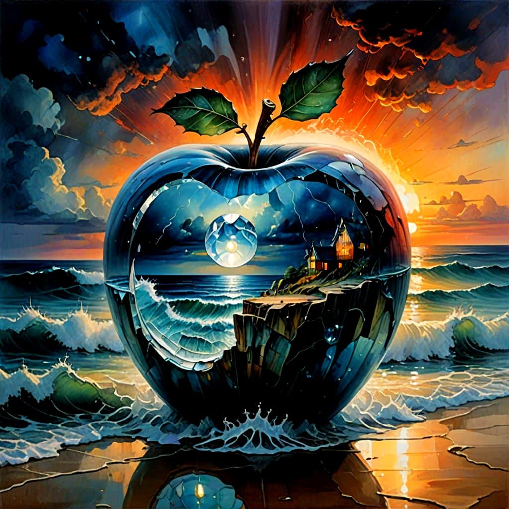 Epic Crystal Apple in Stormy Sea at Sunset