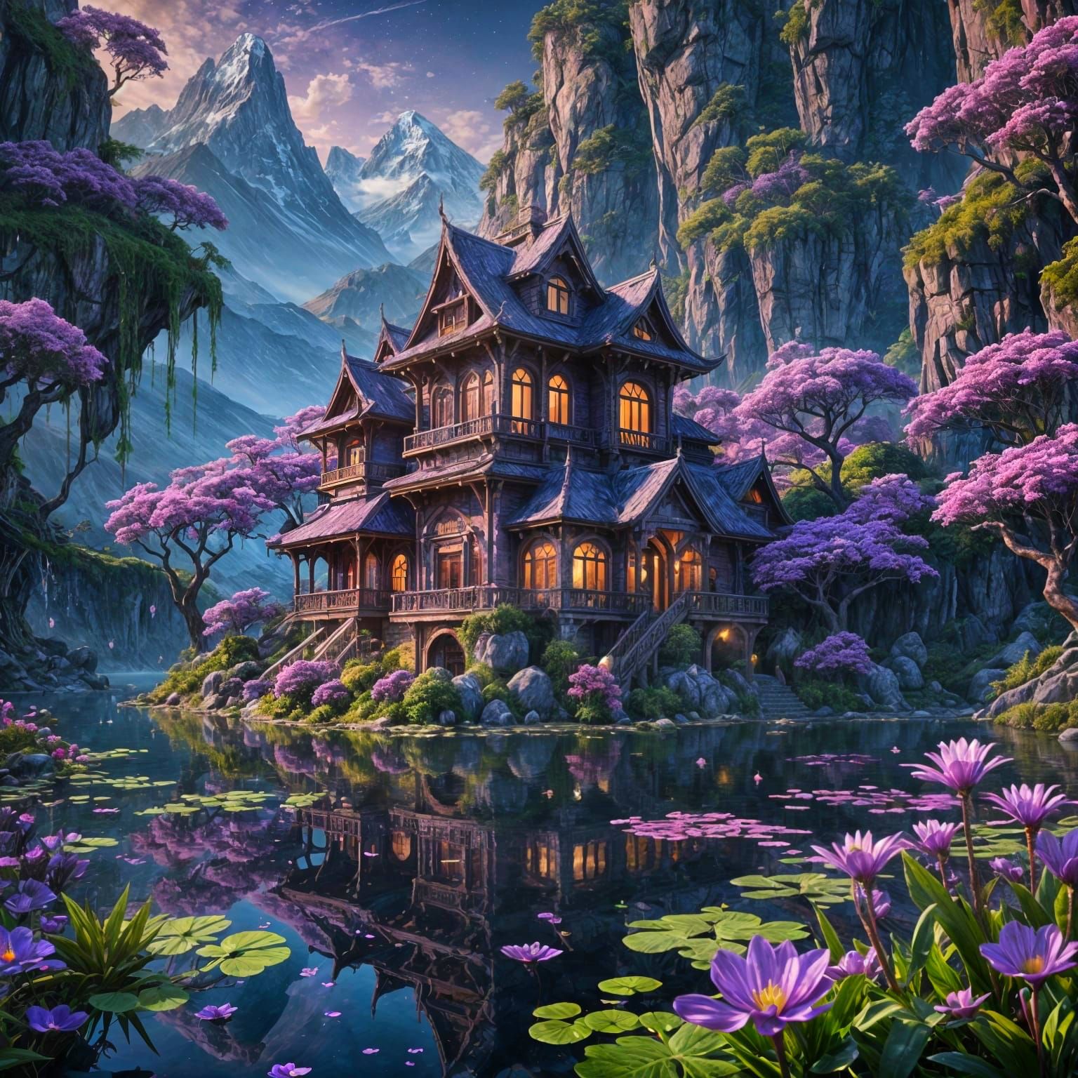 Exotic Purple Pleasure House by Bioluminescent Lake