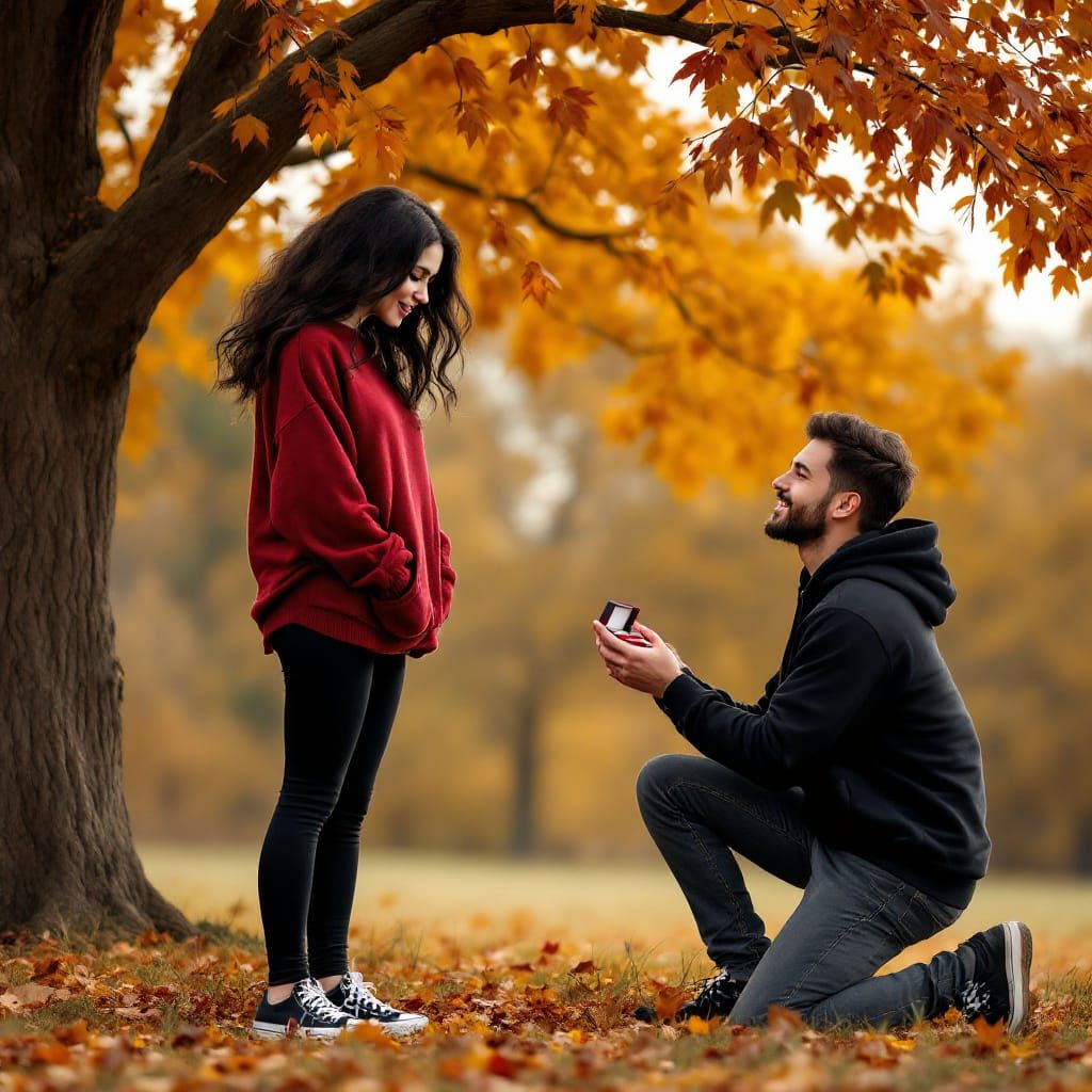 Man Proposes to Woman Under Fall Tree