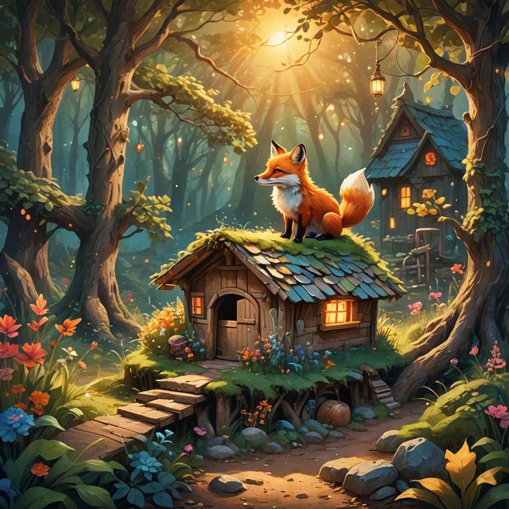 Colorful Fox in Magical Forest: Fantasy Art