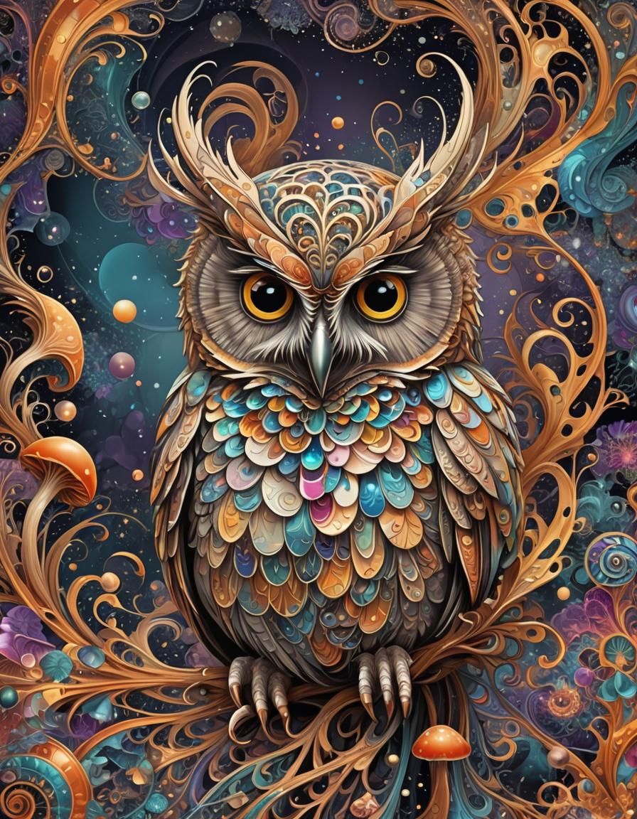 Mystical Owl with Mushrooms in Fractal Line Art