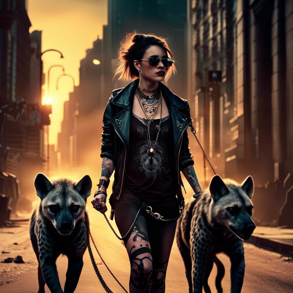 Rock Girl Walking Hyenas in Noir City