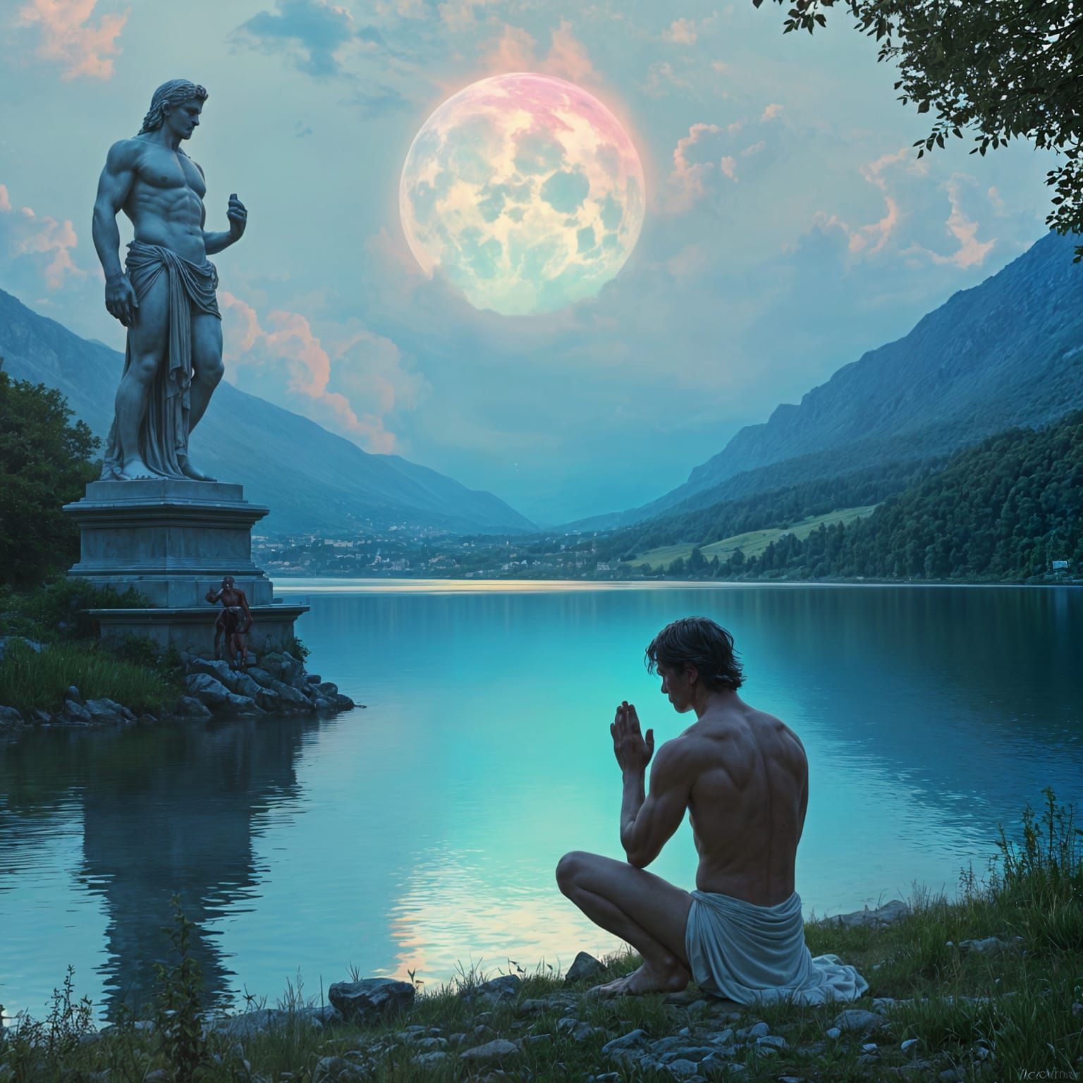 Ethereal Man Praying in Sci-Fi Fantasy Landscape