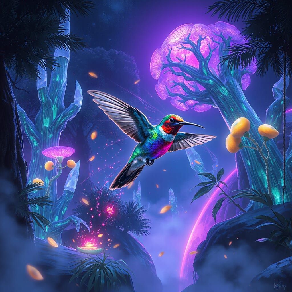 Bioluminescent Hummingbird in Alien Jungle