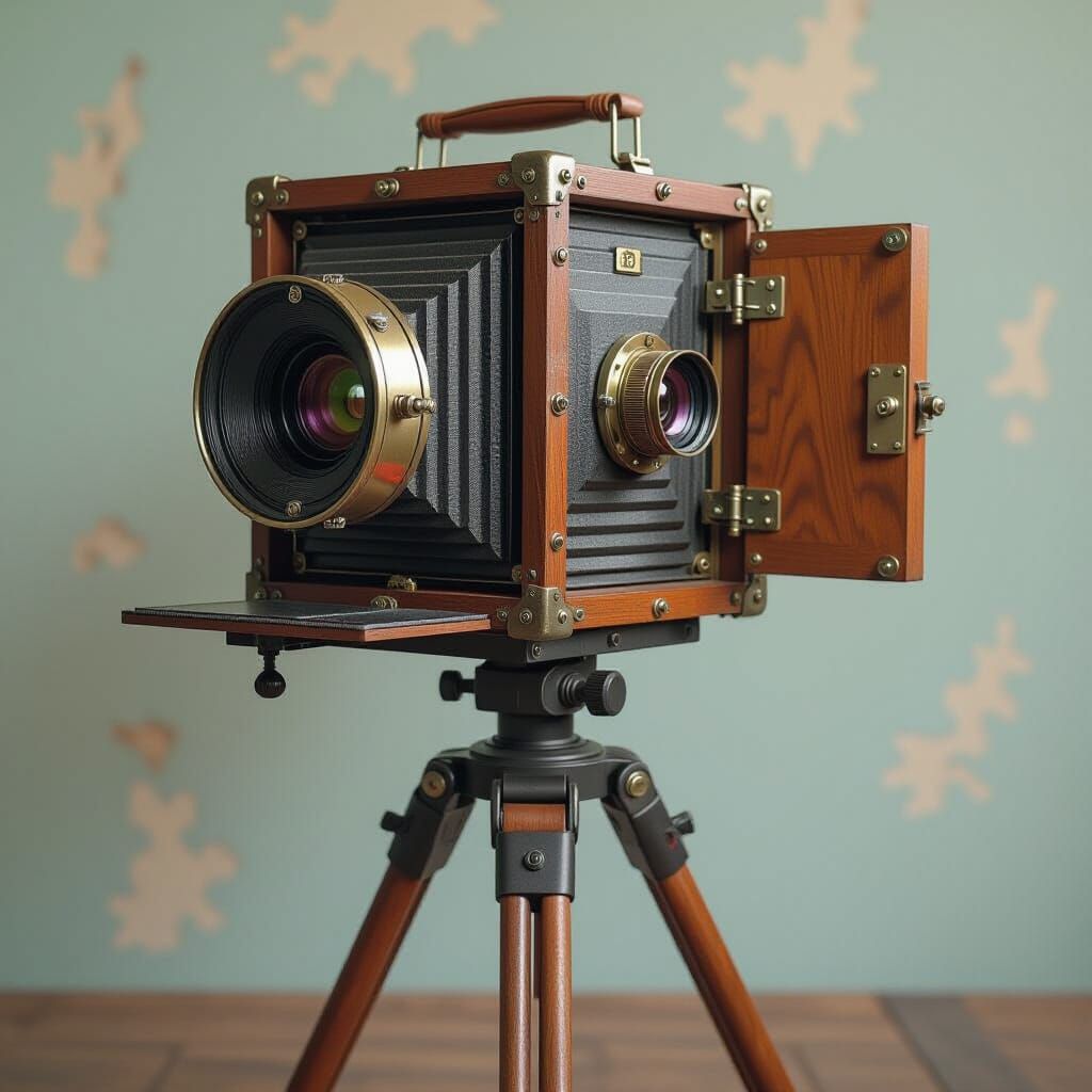 Vintage Bellows Camera on Tripod, Hyperrealistic Art