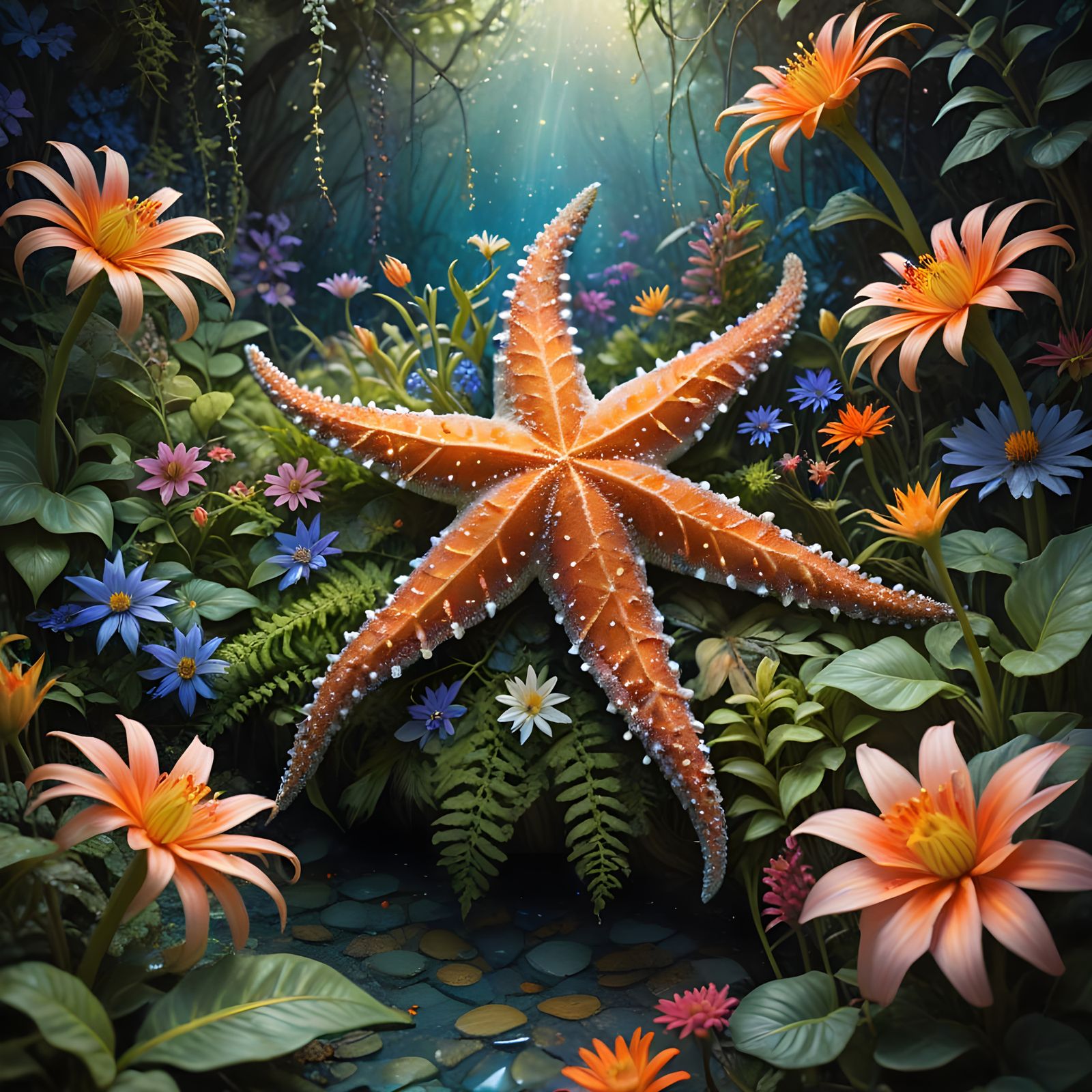Whimsical Sea Star Surrounded by Exotic Flowers in a Dreamli...
