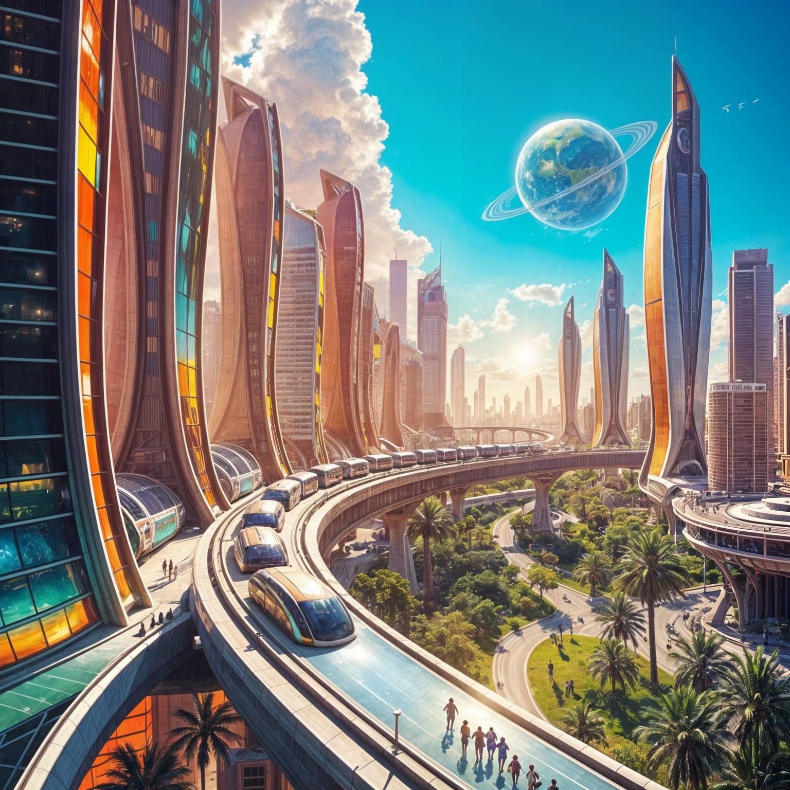 Vibrant Solarpunk Metropolis Unfolds with Sustainable Transp...