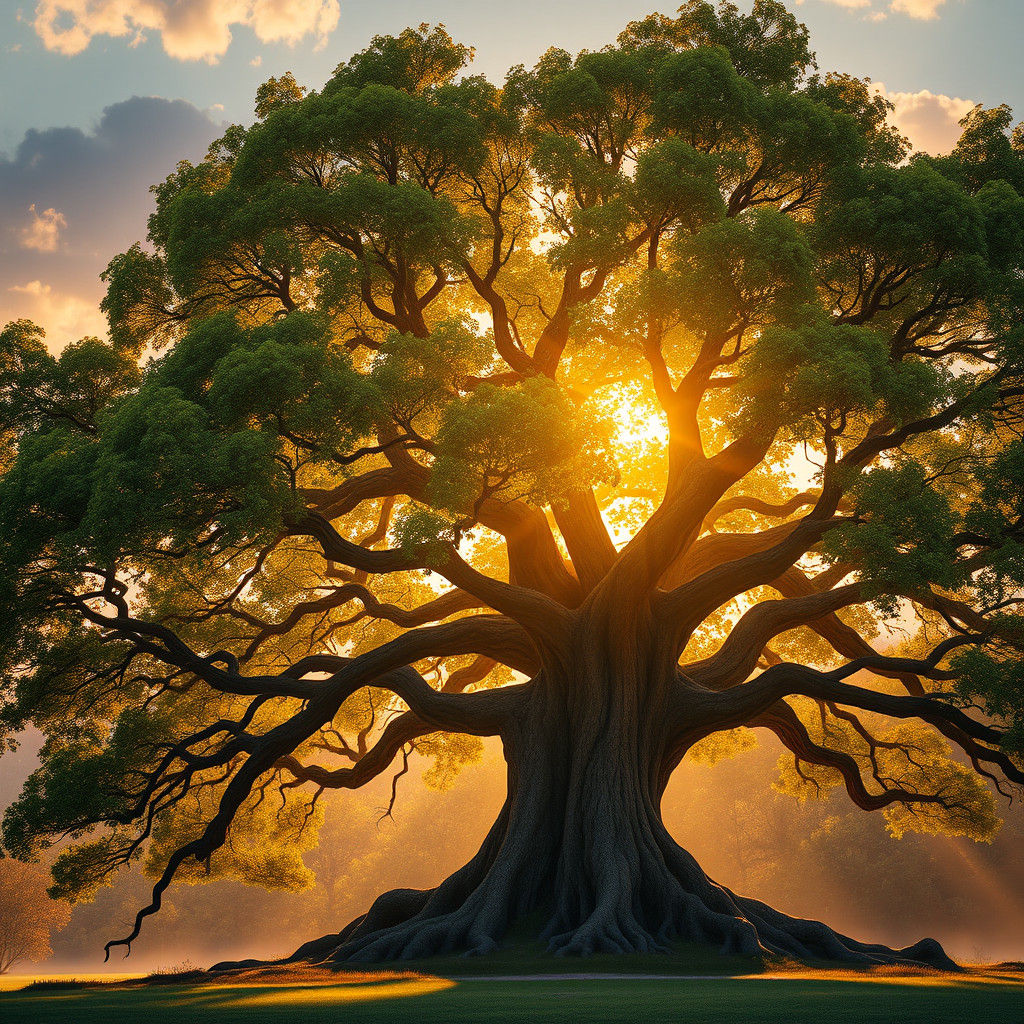 Majestic Oak Tree in Vibrant Sunset with Intricate Details